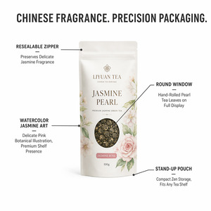 Sachets en Mylar à fond plat refermables <span class=keywords><strong>pour</strong></span> thé vert aux perles <span class=keywords><strong>de</strong></span> jasmin, emballage alimentaire vertical <span class=keywords><strong>pour</strong></span> thé en vrac et herbes chinoises, idéal comme cadeau - Product Image 5