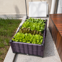 Jardinière rectangulaire en plastique imitation rotin PP, lit de jardin surélevé en osier tressé marron, léger, avec roulettes, trous de drainage et système d'arrosage automatique