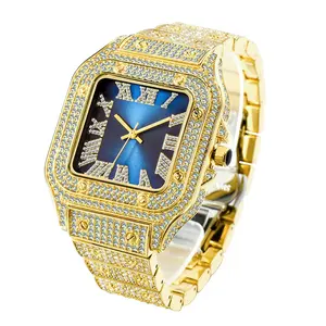 Fashion Iced Out Square Dial Men Wrist Watch Luxury Silver Gold Diamond Hip Hop Jewelry Roman Number Quartz Watches