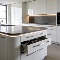 Îlot de cuisine moderne en PVC laqué brillant avec design bicolore et tiroirs de rangement