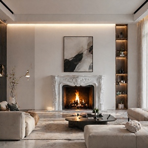 Cheminée en marbre personnalisée, moderne, sculptée à la main, luxueuse, en marbre blanc beige, avec manteau de cheminée en marbre - Product Image 6