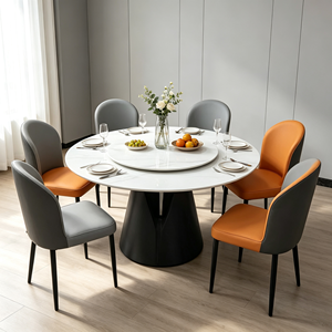Modern Round Marble <b>Dining</b> Table <b>Set</b> with <b>6</b> PU <b>Leather</b> <b>Chairs</b> Rotatable Design Home Furniture - Product Image 3