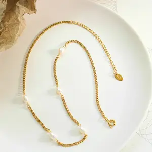 Fashion Pvd 18k Gold Plated Stainless Steel Flat Chain Personality Fresh Water Pearl Patchwork Chain Necklace Women