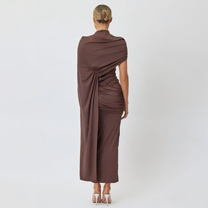 Vestido de cóctel con cuello redondo, hombro asimétrico cruzado, color liso, largo y ajustado para mujer - Product Image 4