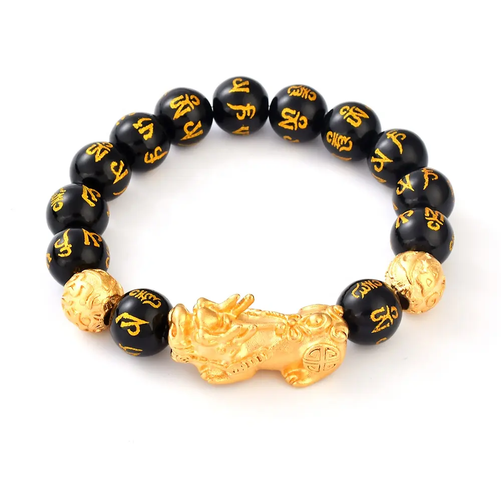 F430 Hot Seller Gold Jewelry Pixiu Natural Stone feng shui black obsidian wealth bracelet Men