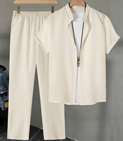 Ensemble chemise et short décontracté d'été pour homme, en polyester 100% respirant, tissé froissé, à manches courtes, deux pièces, coupe ample, sans coutures