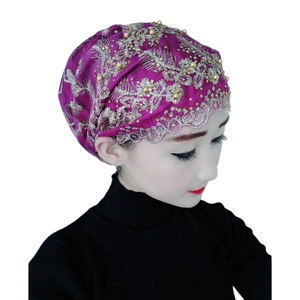 YSSEEN Elegante Gorro Islámico Bordado con Flores para Mujer, Gorro Étnico de Chifón Elástico para las Cuatro Estaciones - Product Image 1