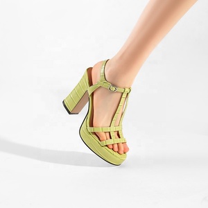 Sandales d'hiver confortables à talon haut et <span class=keywords><strong>plateforme</strong></span> pour femme Moncheer, avec bride en T, talon épais effet croco brillant et boucle réglable - Product Image 1