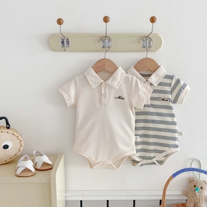 Abbigliamento Casual Estivo Unisex <span class=keywords><strong>per</strong></span> Neonati, Body <span class=keywords><strong>Polo</strong></span> a Maniche Corte in Cotone, Tuta a Righe e Tinta Unita <span class=keywords><strong>per</strong></span> Neonati - Product Image 2