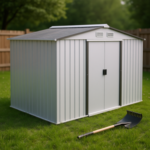 Caseta de almacenamiento metálica plateada de 9 x 6 con puertas correderas y ventilaciones para almacenamiento de herramientas en el patio trasero - Product Image 2