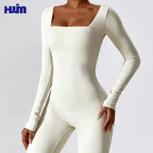 Grosir pakaian Yoga lengan panjang OEM/ODM bodysuit kompresi Gym ukuran Plus jumpsuit Bodycon playsuit leher persegi wanita