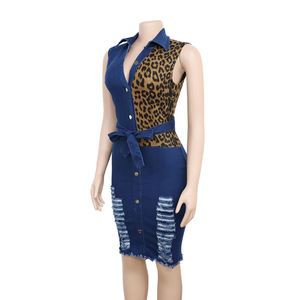 Leopardo Del Denim Della Rappezzatura Midi <span class=keywords><strong>Vestito</strong></span> Delle Donne Senza Maniche Girare Giù Il Collare Office Lady Matita Abiti Donna Primavera Estate Dei <span class=keywords><strong>Jeans</strong></span> Si Vestono - Product Image 4