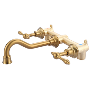 Cepillo de lujo antiguo Grifo de baño dorado Grifo de lavabo Válvula incorporada Grifo de lavabo de 2 manijas Grifo de lavabo montado en la pared - Product Image 1