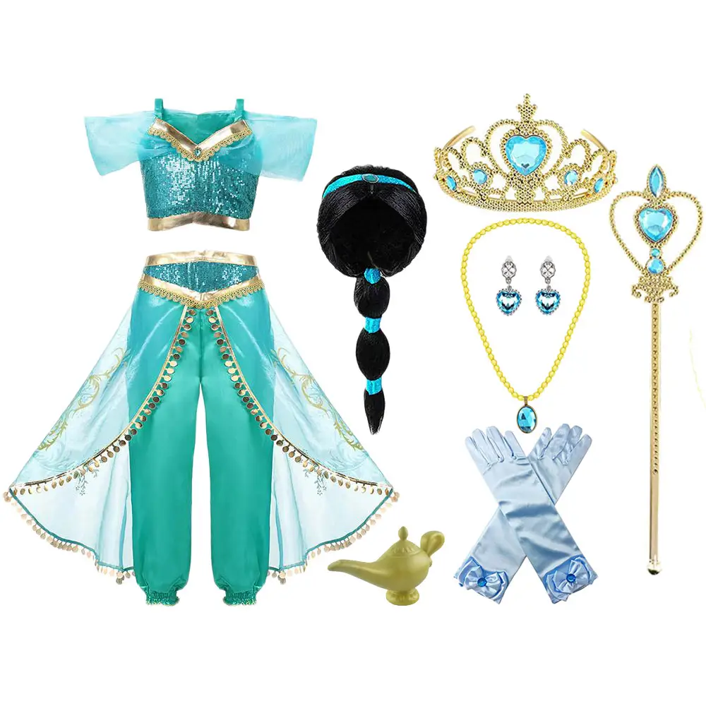 Popüler cadılar bayramı yasemin prenses parti kostüm Cosplay peruk Aladdin prenses süslü elbise yasemin kostüm koleksiyonu çocuklar için