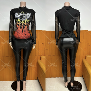 Женский комплект из 3 предметов: майка с графическим принтом, длинный рукав, кружевная прозрачная футболка и шорты из искусственной кожи. Новинка осеннего сезона, повседневный стиль. - Product Image 3