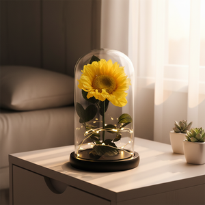 Dôme en verre avec tournesol LED stabilisé en gros, veilleuse florale éternelle, cadeau pour la remise des diplômes, anniversaire, décoration intérieure - Product Image 1
