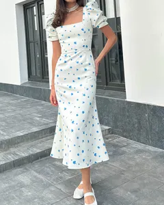 Vestido Midi ceñido al cuerpo liso con mangas abullonadas elegante a la moda de verano personalizado Godet silueta cuello cuadrado