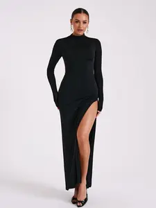 2024 New Design Winter Women's Long Sleeved High Necked Sexy Open Back Split Long Dress Fashion Dress