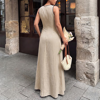 Nuevo Vestido Largo de Verano Estilo Francés Vintage con Tirantes, Cuello en V de Contraste, Sin Mangas, con Cordones y Cintura Ajustada