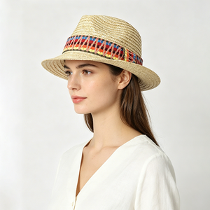 <b>Straw</b> Fedora <b>Hat</b> With Colorful Embroidered Band Unisex Beach Accessory Adult Size 56-58CM - Product Image 5