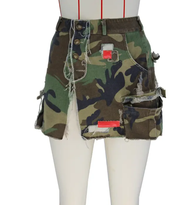 Streetwear camo short cargo women dress & skirts 2023 casual sexy high waist 3D pockets camouflage split mini skirt with patch