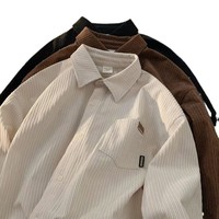 Kemeja Jaket Pria Bahan Corduroy Lengan Panjang, Model Longgar Oversize Warna Solid Kasual Kancing Depan Dengan Patch Kecil
