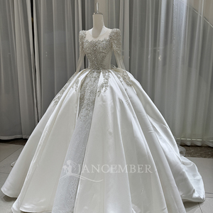 Lsoy035 Gorgeous Satin <b>Ball</b> <b>Gown</b> Wedding Dress Regular Sleeve Beaded Appliques Crystal Lace Chapel Train Floor-Length Backless - Product Image 2