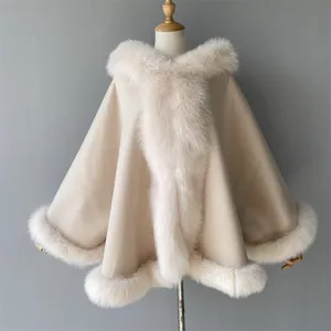 फैशन गर्म बिक्री लोकप्रिय Hooded कश्मीरी पोंचो केप असली फॉक्स फर ट्रिम के साथ महिलाओं डबल-पक्षीय ऊन पोंचो