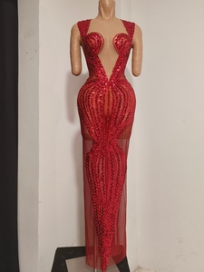 Robe longue de soirée rouge scintillante avec strass pour anniversaire, banquet, dîner formel, bal de promo, robe fourreau pour femme, <span class=keywords><strong>tenue</strong></span> de club - Product Image 2