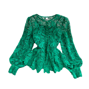 <span class=keywords><strong>Camicetta</strong></span> Elegante e alla Moda in Pizzo da Donna, Tinta Unita, Scollo a O, con Dettagli Traforati, Colore Rosa <span class=keywords><strong>Cipria</strong></span>, per un Look Femminile - Product Image 6