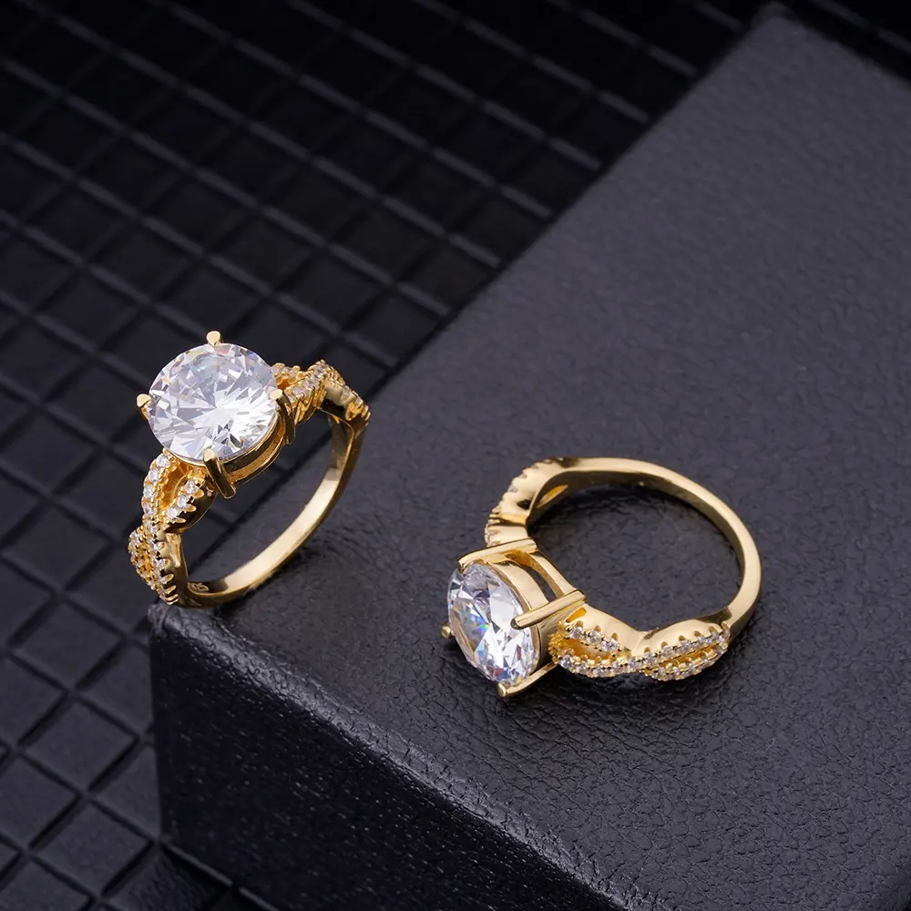 Cincin Tunangan Safir Berlian Cz Bling Berlapis Emas Asli Gaya Baru untuk Wanita