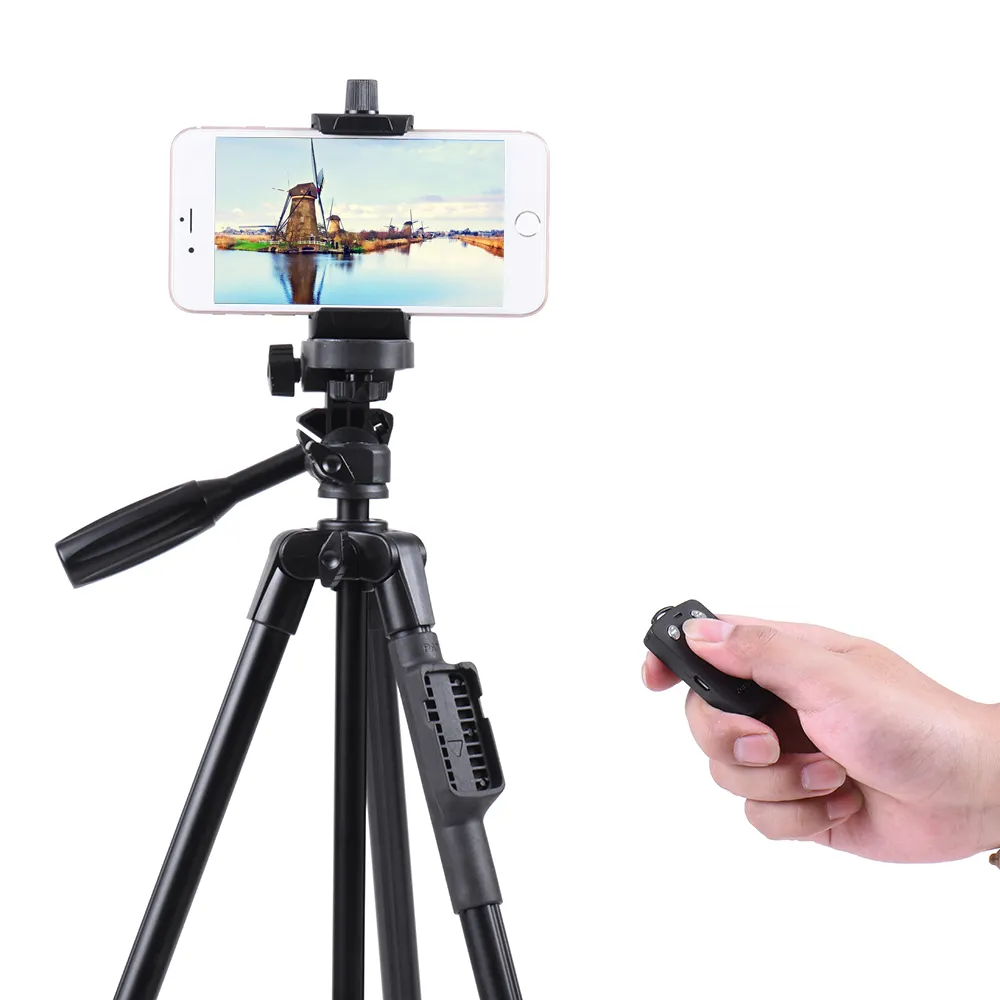 YUNTENG VCT 5208 RM Aluminum Tripod with 3-Way Head & Remote for Camera Phone Holder Clip