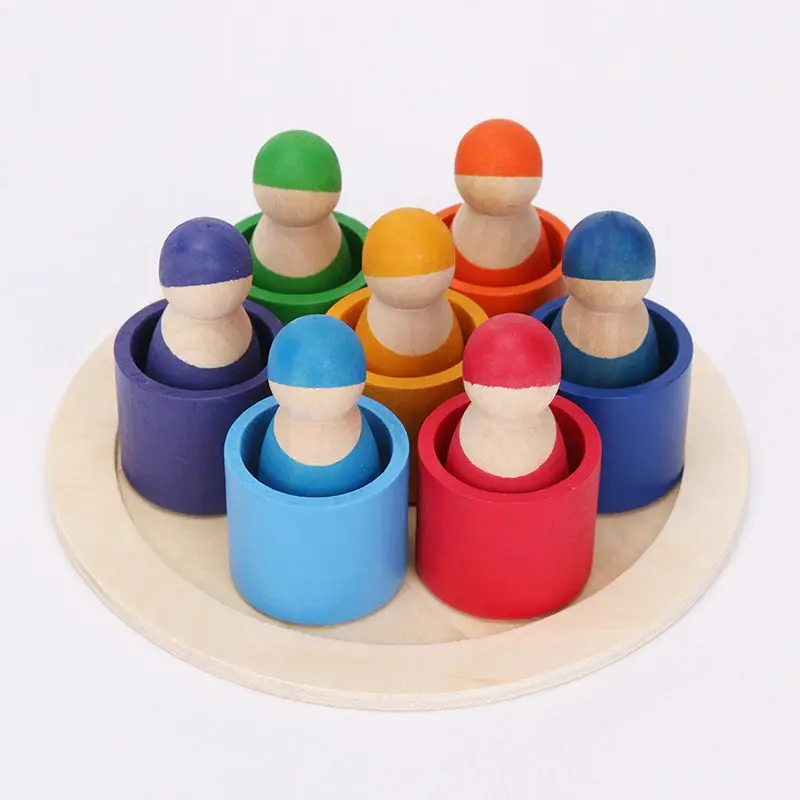 Exklusives Set von hölzernen Regenbogen blöcken Montessori Spielzeug Freunde Peg Dolls Körper Baby Pretend Play People Figuren Kinderspiel zeug