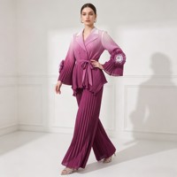 Blouse à couleur changeante progressive, assortie à un pantalon plissé, costume grande taille pour femme avec col et manches à volants