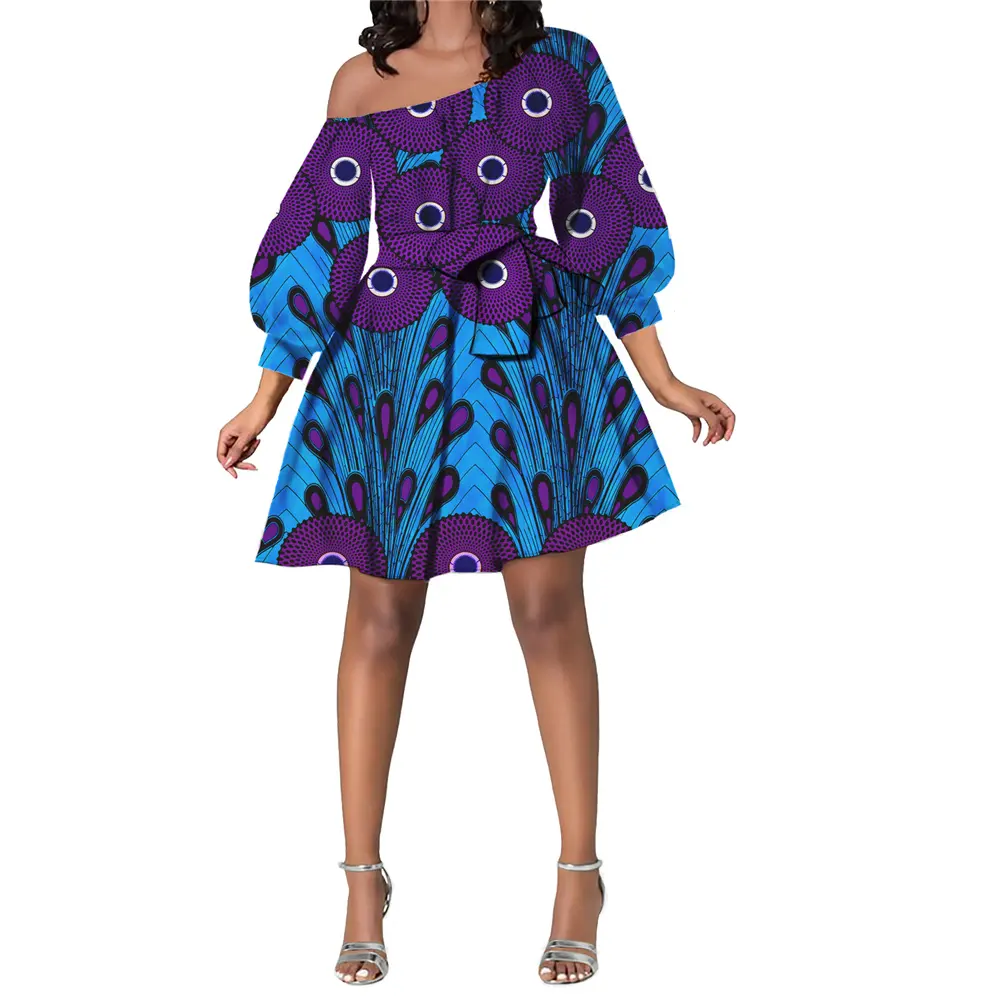 Long Sleeves Above Knee Length Dresses African Kitenge Designs Dress Off Shoulder Casual Cocktail Swing Party Tunic Dress