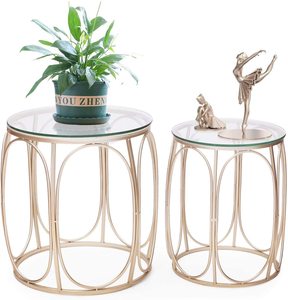 Set di Tavolini Rotondi Moderni e Classici per <span class=keywords><strong>Soggiorno</strong></span>, 2 Tavoli Laterali in Metallo Dorato con Piano in Vetro Temperato - Product Image 1