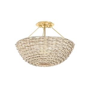 Lámpara de Techo Semi-Pendiente Moderna de Estilo Bohemio con Forma de Cuenco de Latón y Ratán Blanqueado |   Iluminación Natural para Espacios de Relajación en Hoteles - Product Image 2