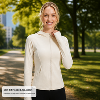 Veste zippée à capuche pour femme, coupe ajustée, couleur crème, col montant, manches raglan, passe-pouce, fermeture éclair intégrale, vente en gros, usine OEM
