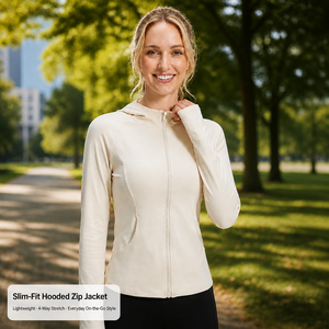 Chaqueta con capucha cremosa <span class=keywords><strong>de</strong></span> corte ajustado para mujer, cuello alto, manga raglán, con orificios para los pulgares, cremallera completa, venta al por mayor, fábrica OEM - Product Image 4