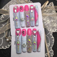 Ongles en acrylique à presser de luxe, marque privée, faits à la main, design épais, strass pour les doigts, ongles artificiels personnalisables