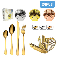 Ensemble de 24 couverts en acier inoxydable, résistant au lave-vaisselle, design moderne et minimaliste, finition polie miroir, support en ABS en forme de coquille, style occidental