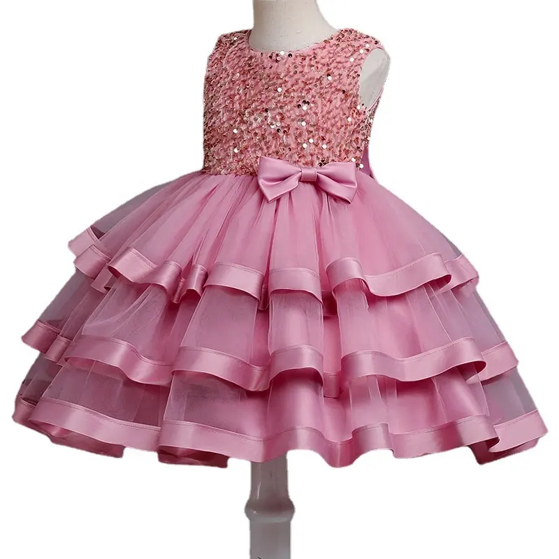 New Girls' Dress Children's Clothing Bow Tie Sequin Multi layer Mesh Girls' Princess Dress