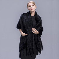 MWFur Modischer Handgestrickter Nerzschal für Damen Winter Nerzfell-Schal mit Taschen