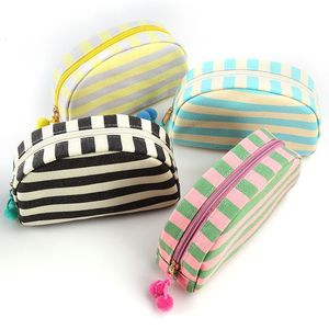 Bolsa organizadora de maquillaje de <span class=keywords><strong>lona</strong></span> de algodón con forma de media luna y diseño de rayas bonitas al por mayor con extractor de decoración de bolas bonito - Product Image 6