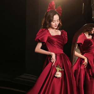 Burgundy Satin A-Line Bridesmaid Dress Scoop Neck Natural Waist Vintage Style Long Length - Product Image 4