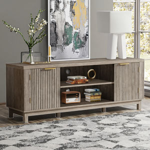 Meuble TV en bois cannelé gris de 59 ''Table console centrale de divertissement avec armoire de rangement pour salon cuisine - Product Image 1