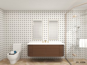 Built in Floating Dark Walnut <b>Bath</b> Vanity Curved Cabinet Doors Undermount and Two Independent Border LED <b>Light</b> Mirror - Product Image 1