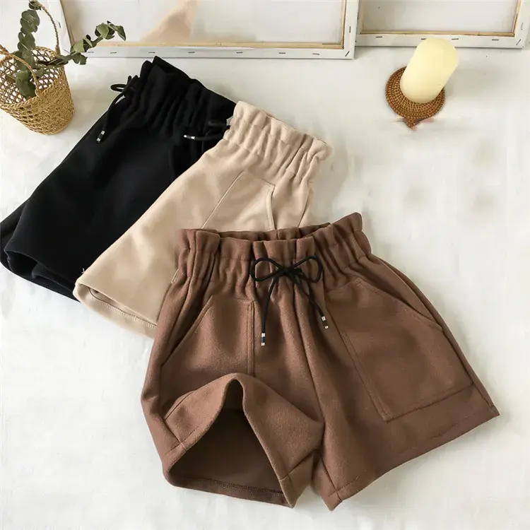 New Women Shorts Autumn and Winter High Waist Shorts Solid Color Casual Loose Thick Warm Elastic Waist Pockets Shorts