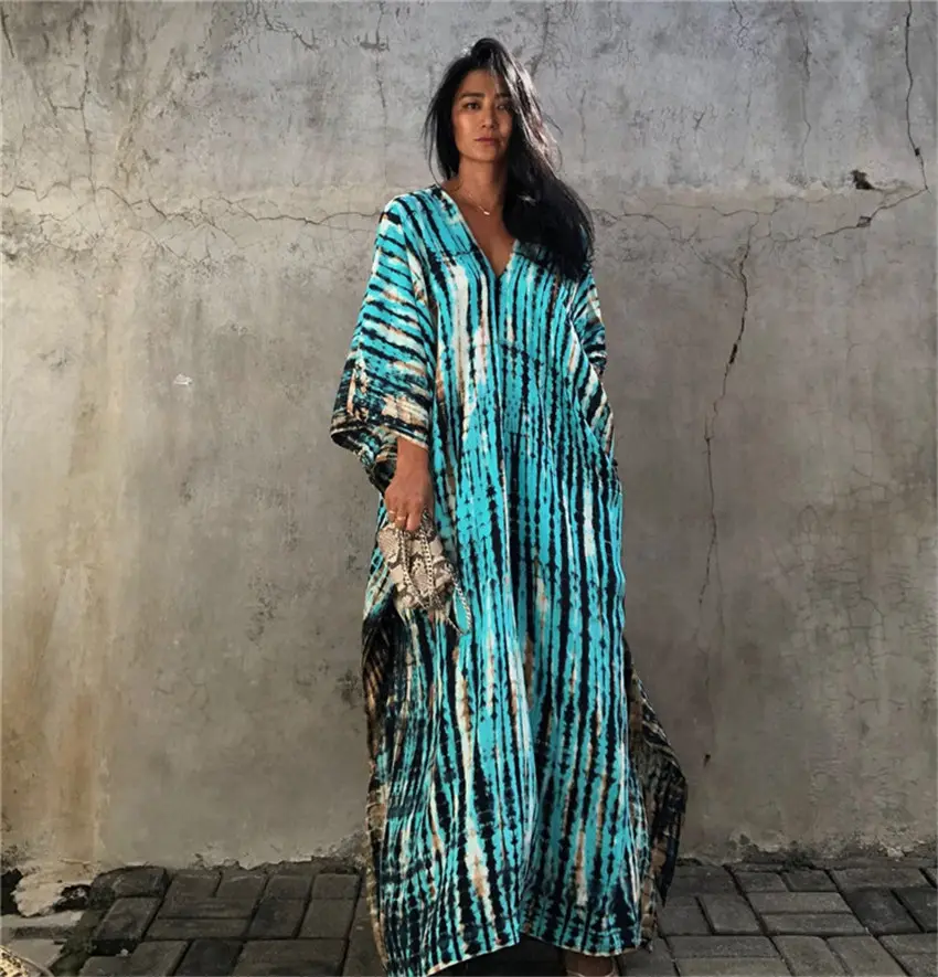 Bali Boho Chic Inspiration Loose V Neck Striped Long Kaftan Kimono Dress Beachwear Hippie Dress