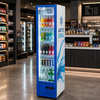 Réfrigérateur commercial ultra-plat à porte vitrée pour boissons, vitrine verticale, refroidisseur de boissons, logo publicitaire personnalisé, sans givre, avec application